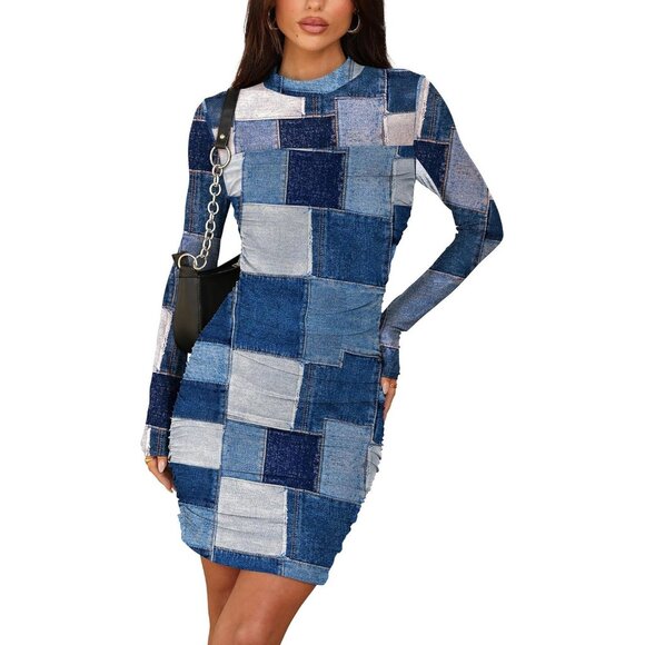 Women's Blue White Print Long Sleeve Ruched Bodycon Neck Mini Party Dresse - Picture 2 of 5